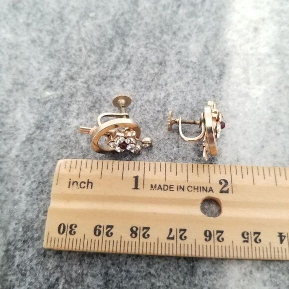 Vintage Karu Rhinestone Flower Clip On Earrings, Screw Backs, Retro Estate - Picture 5 of 6